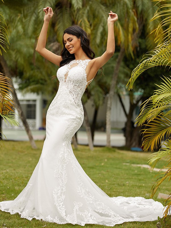 Crepe Lace Scoop Sleeveless Cathedral Train Wedding Dresses