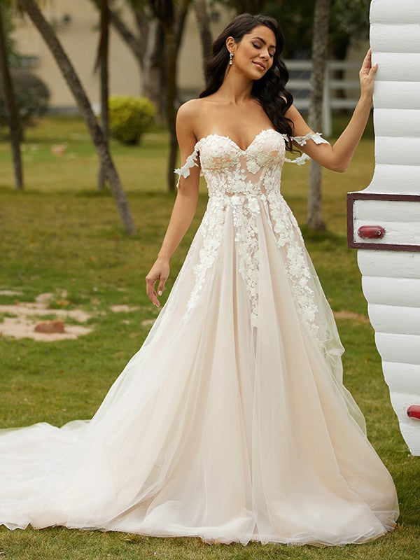 Applique Off-the-Shoulder Sleeveless Chapel Train Wedding Dresses