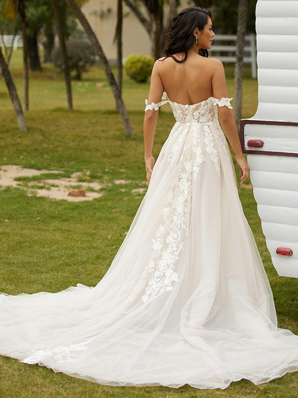 Applique Off-the-Shoulder Sleeveless Chapel Train Wedding Dresses