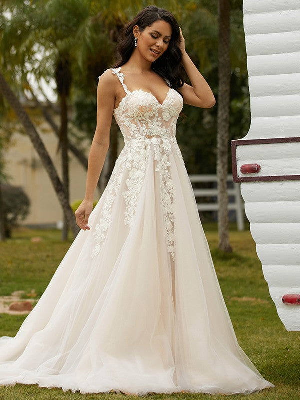 Applique Off-the-Shoulder Sleeveless Chapel Train Wedding Dresses