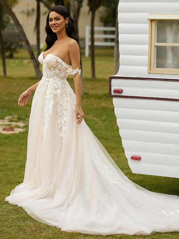 Applique Off-the-Shoulder Sleeveless Chapel Train Wedding Dresses