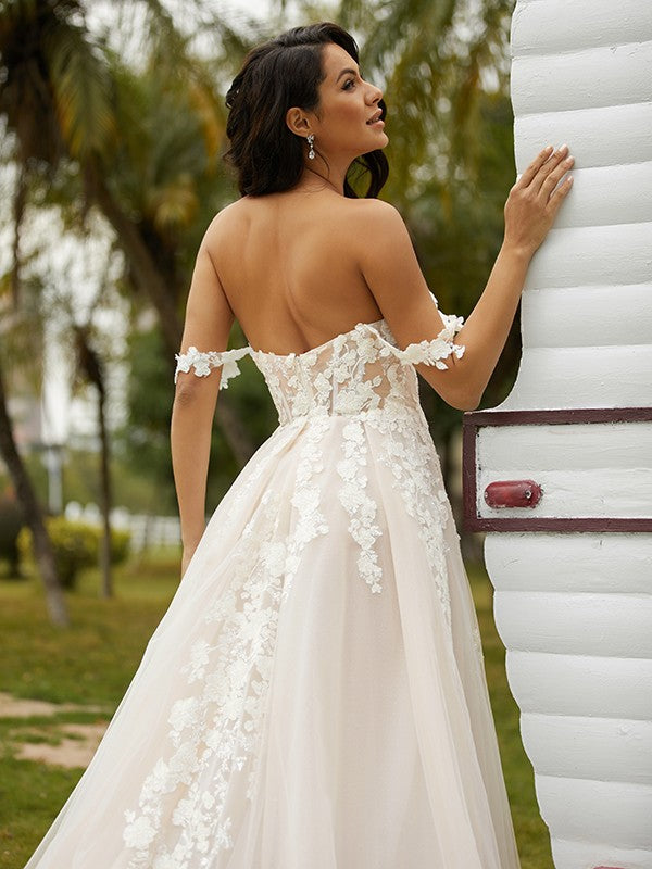 Applique Off-the-Shoulder Sleeveless Chapel Train Wedding Dresses