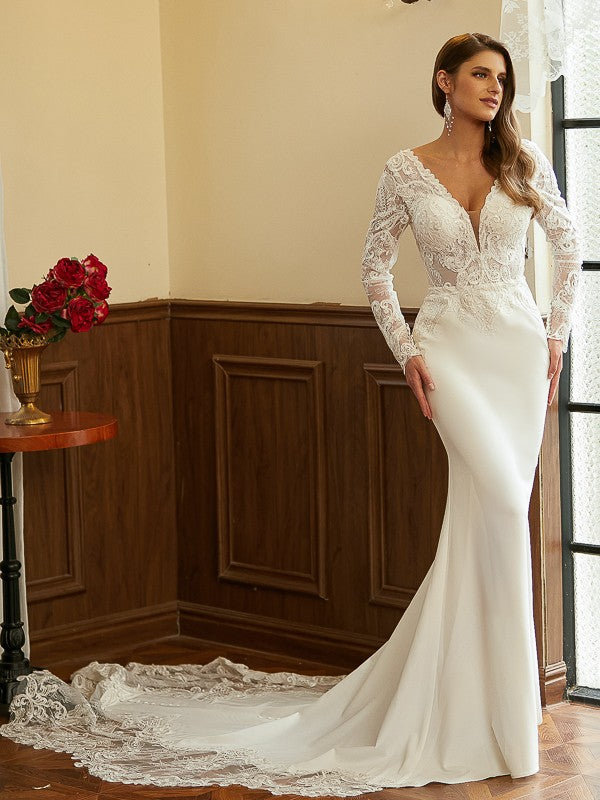 Crepe Lace V-neck Long Sleeves Cathedral Train Wedding Dresses