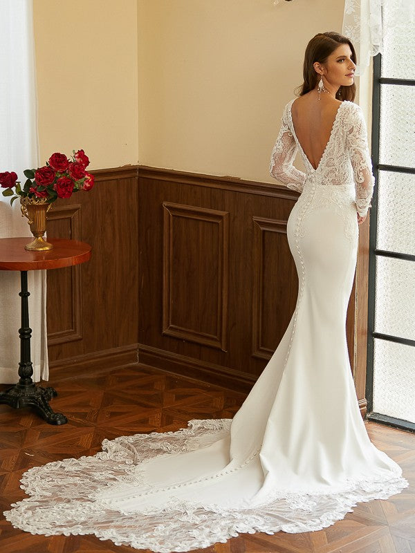 Crepe Lace V-neck Long Sleeves Cathedral Train Wedding Dresses