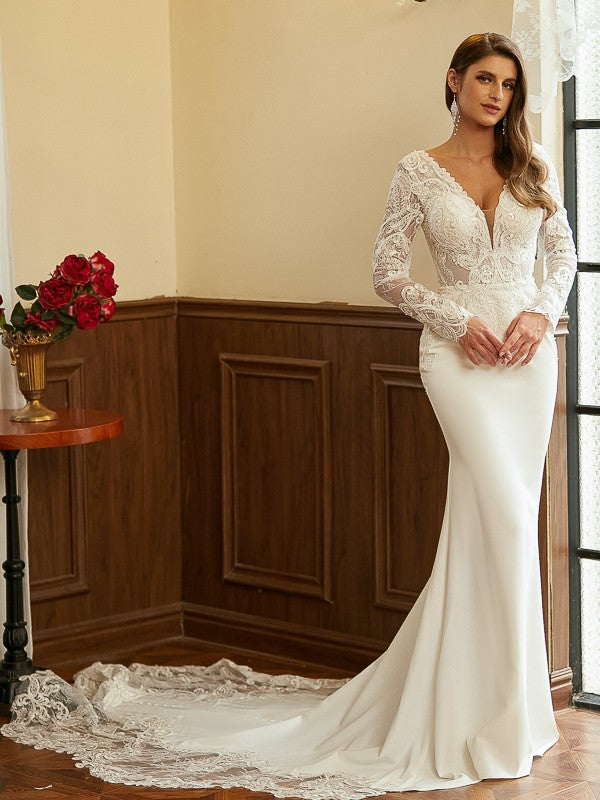 Crepe Lace V-neck Long Sleeves Cathedral Train Wedding Dresses