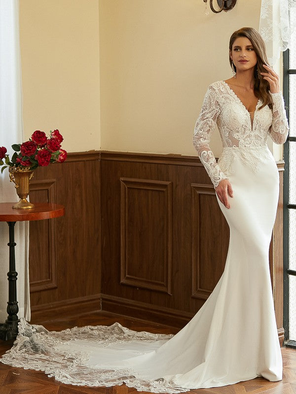 Crepe Lace V-neck Long Sleeves Cathedral Train Wedding Dresses