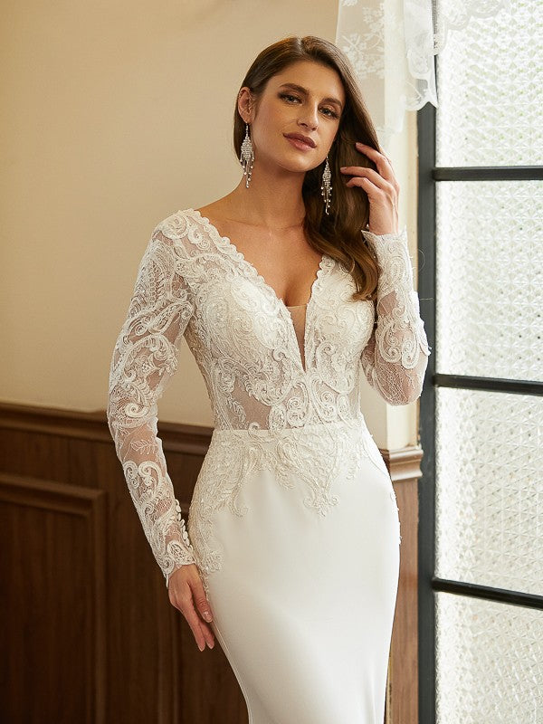 Crepe Lace V-neck Long Sleeves Cathedral Train Wedding Dresses