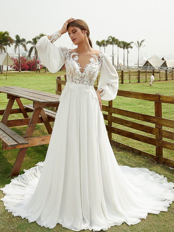Chiffon Applique Scoop Long Sleeves Chapel Train Wedding Dresses