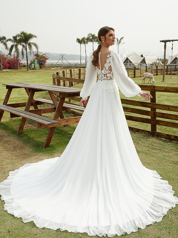 Chiffon Applique Scoop Long Sleeves Chapel Train Wedding Dresses