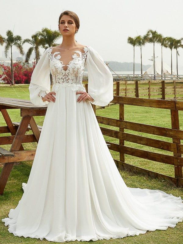Chiffon Applique Scoop Long Sleeves Chapel Train Wedding Dresses