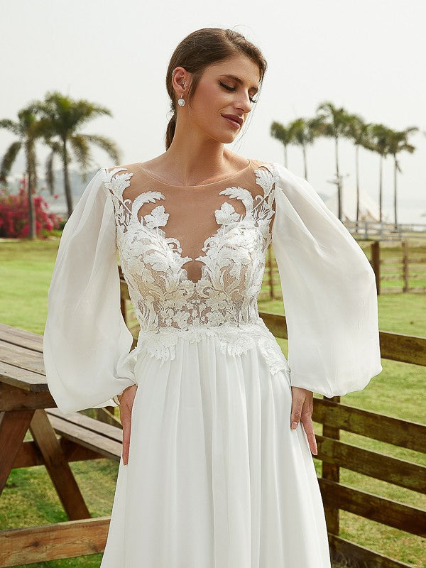 Chiffon Applique Scoop Long Sleeves Chapel Train Wedding Dresses