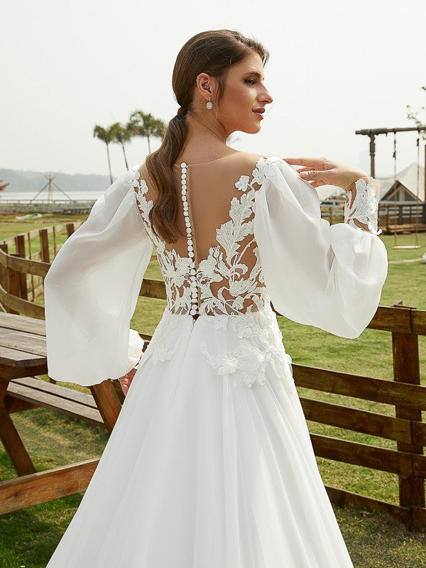 Chiffon Applique Scoop Long Sleeves Chapel Train Wedding Dresses