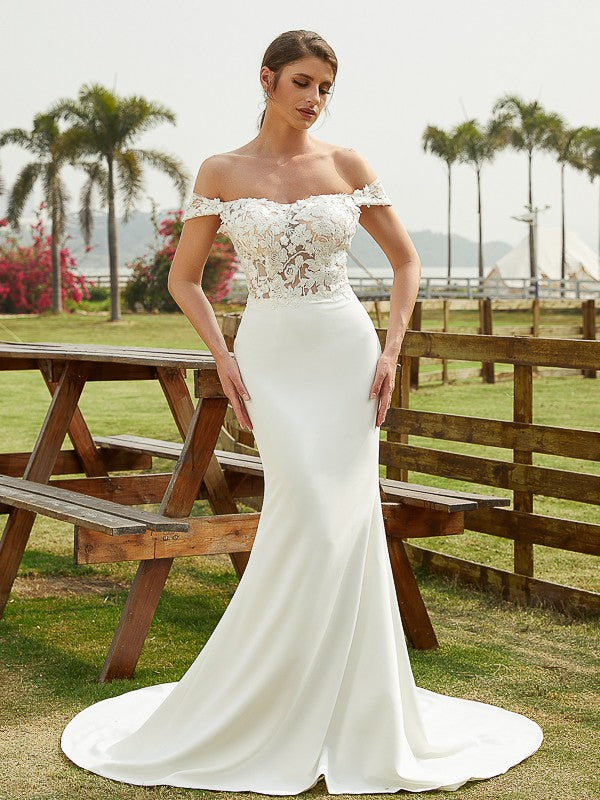 Crepe Lace Off-the-Shoulder Sleeveless Court Train Wedding Dresses