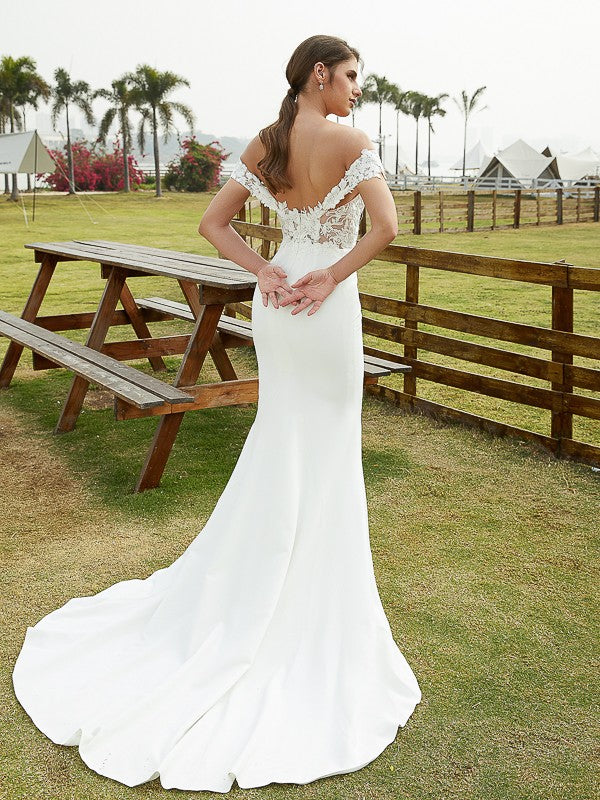 Crepe Lace Off-the-Shoulder Sleeveless Court Train Wedding Dresses