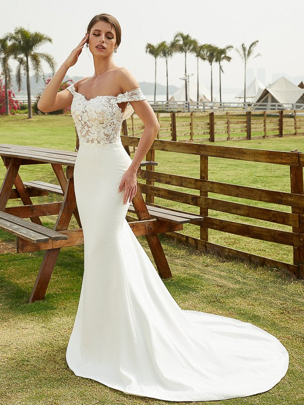 Crepe Lace Off-the-Shoulder Sleeveless Court Train Wedding Dresses