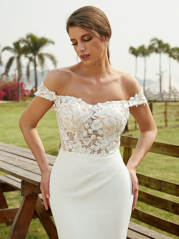 Crepe Lace Off-the-Shoulder Sleeveless Court Train Wedding Dresses
