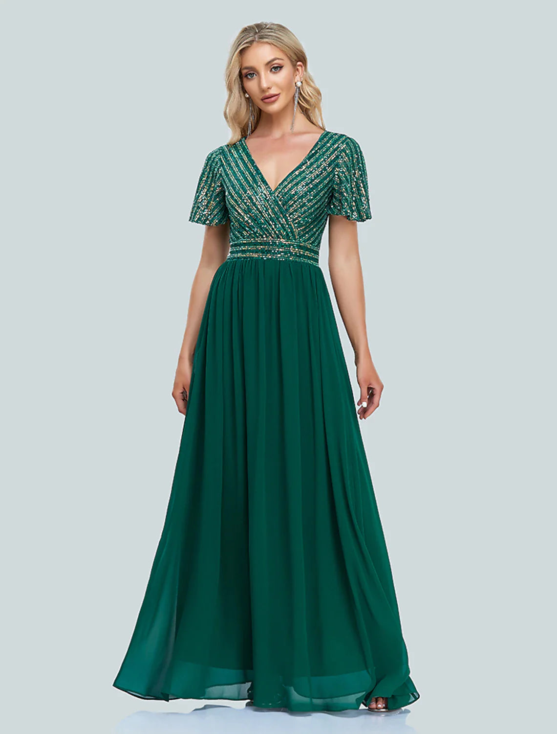 Evening Gown Elegant Dress Christmas Floor Length Short Sleeve V Neck Sequined with Sequin