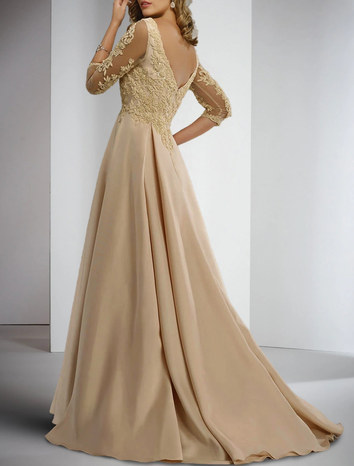 Sheath / Column Mother of the Bride Dress Formal Wedding Guest Elegant V Neck Floor Length Satin Lace 3/4 Length Sleeve