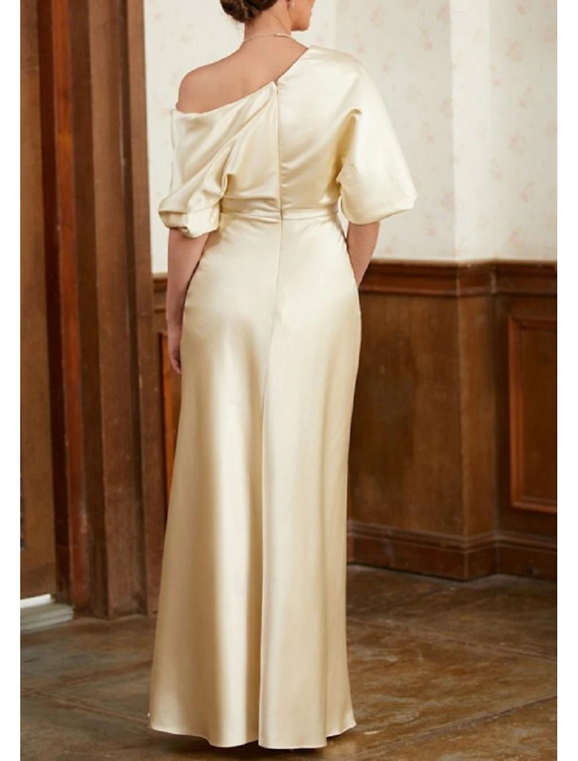 Sheath / Column Mother of the Bride Dress Wedding Guest Elegant Party Off Shoulder Sweep / Brush Train Satin Half Sleeve