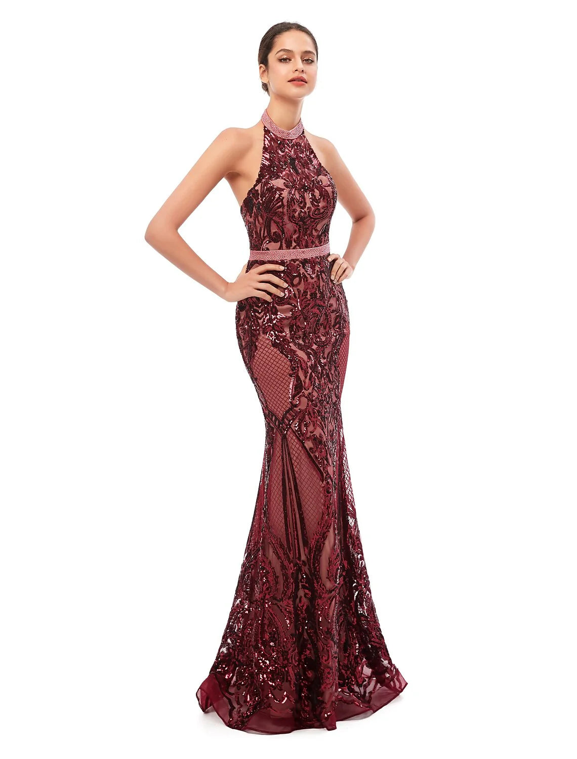 Evening Gown Beautiful Back Dress Prom Floor Length Sleeveless Halter Sequined with Sequin