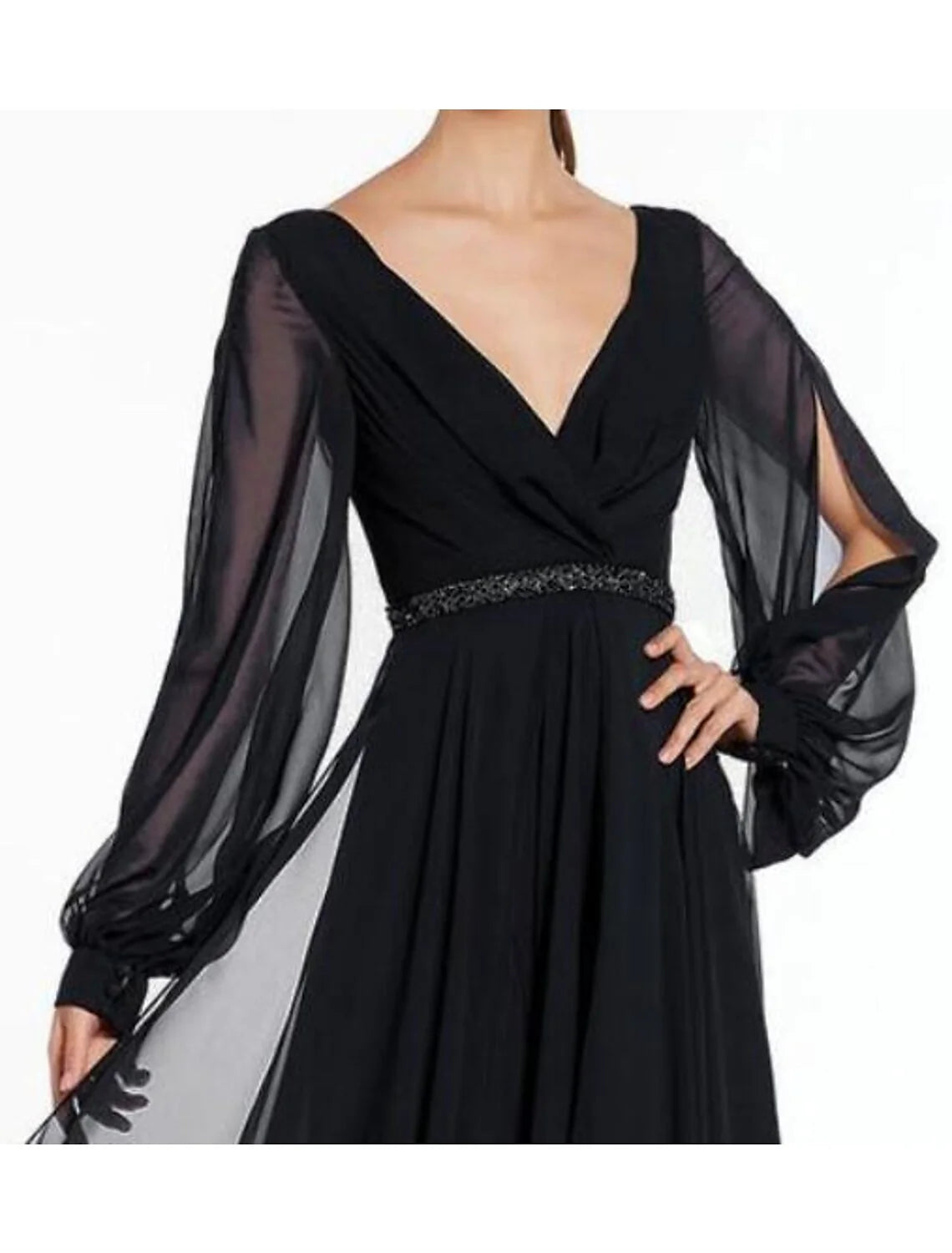 Evening Gown Empire Dress Holiday Floor Length Long Sleeve V Neck Chiffon V Back with Beading
