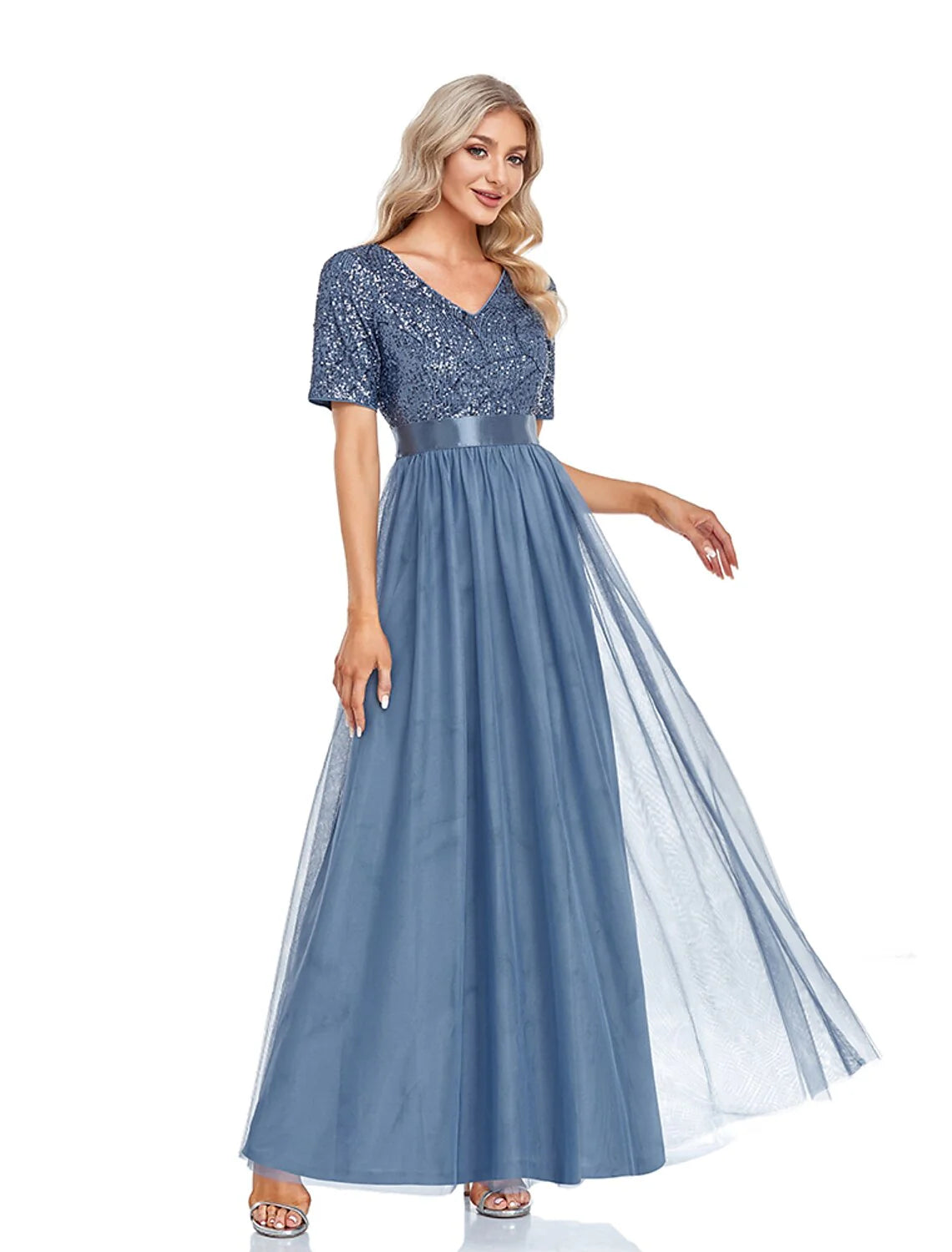 Evening Gown Elegant Dress Wedding Guest Floor Length Short Sleeve V Neck Tulle with Sequin Splicing