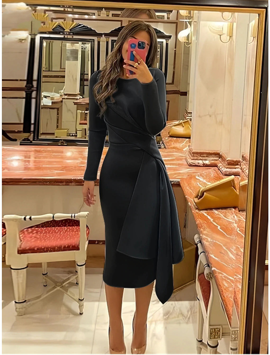 Sheath Formal Dress Cocktail Dresses Elegant Christmas Red Green Dress Formal Fall Knee Length Long Sleeve Jewel Neck with Pleats Ruched