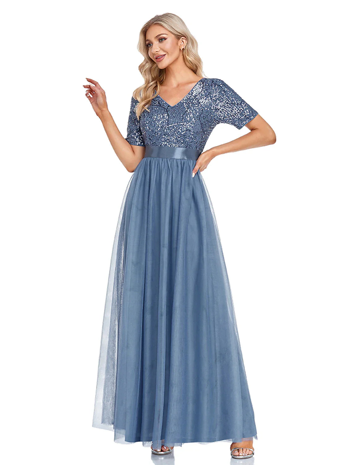 Evening Gown Elegant Dress Wedding Guest Floor Length Short Sleeve V Neck Tulle with Sequin Splicing