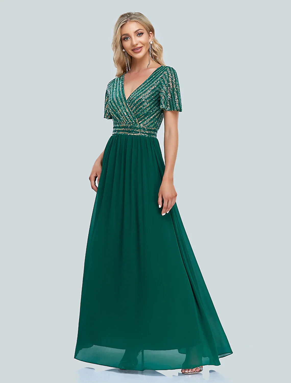 Evening Gown Elegant Dress Christmas Floor Length Short Sleeve V Neck Sequined with Sequin