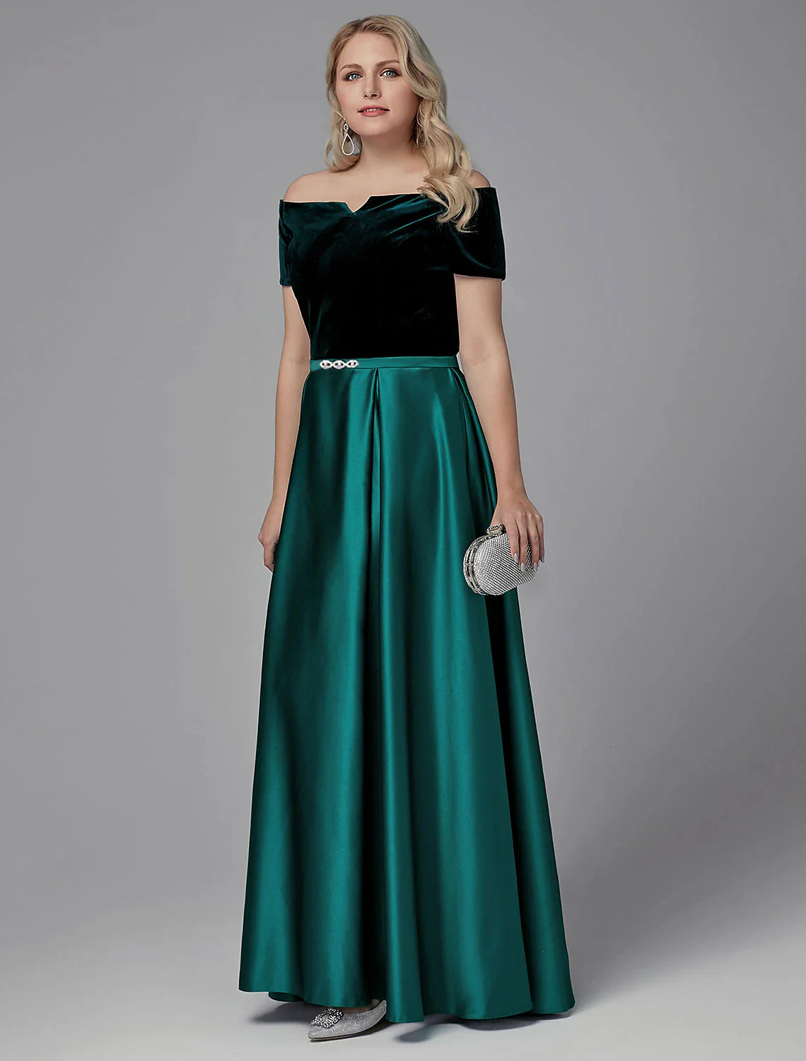 A-Line Evening Dresses Elegant Dress Wedding Guest Formal Evening Floor Length Short Sleeve Off Shoulder Satin with Crystals