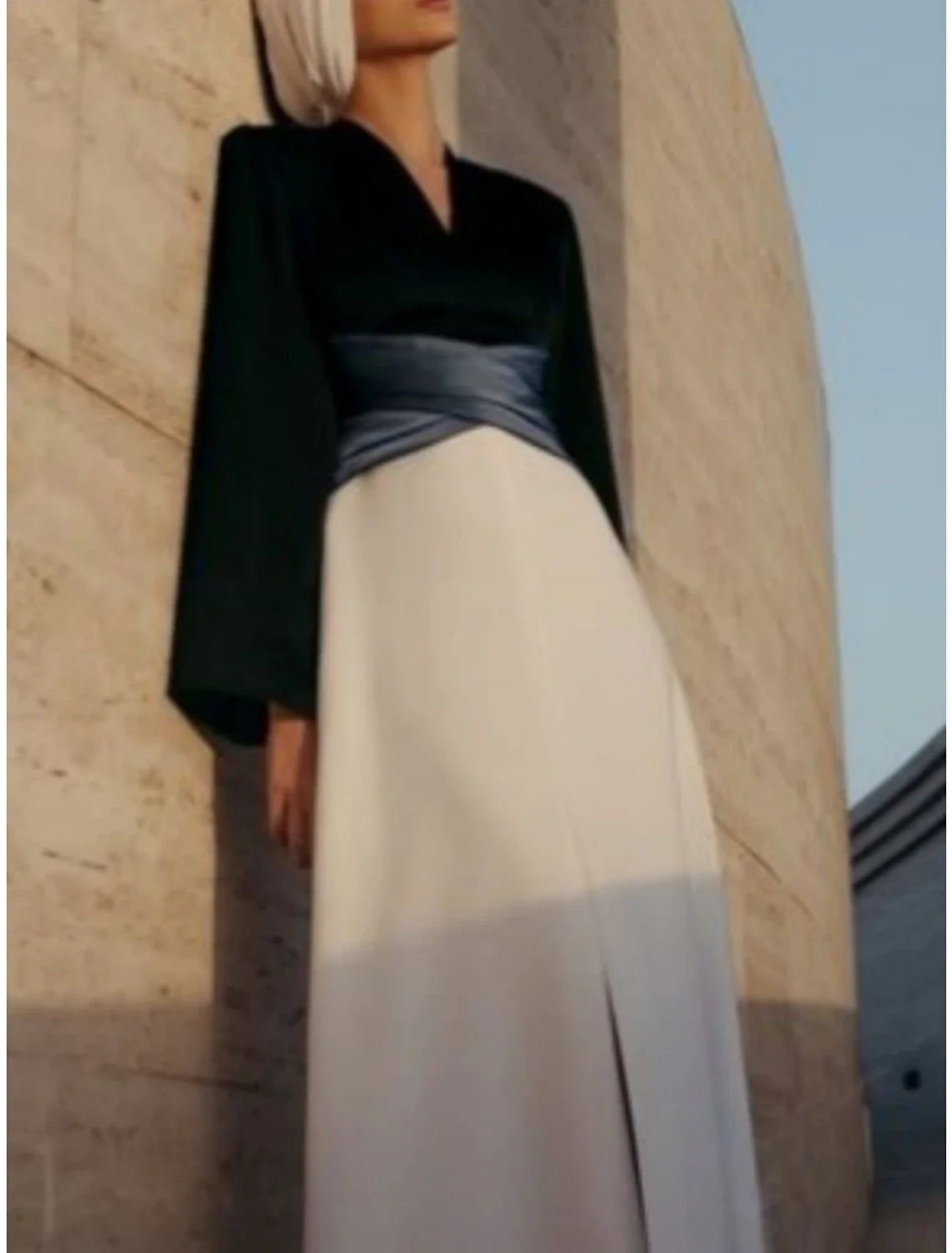 Evening Gown Elegant Dress Formal Floor Length Long Sleeve V Neck Satin with Pleats Ruched Slit