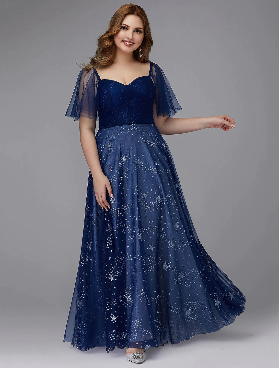 A-Line Plus Size Evening Dress Floor Length Short Sleeve Sweetheart Tulle Lace-up with Beading Pattern / Print