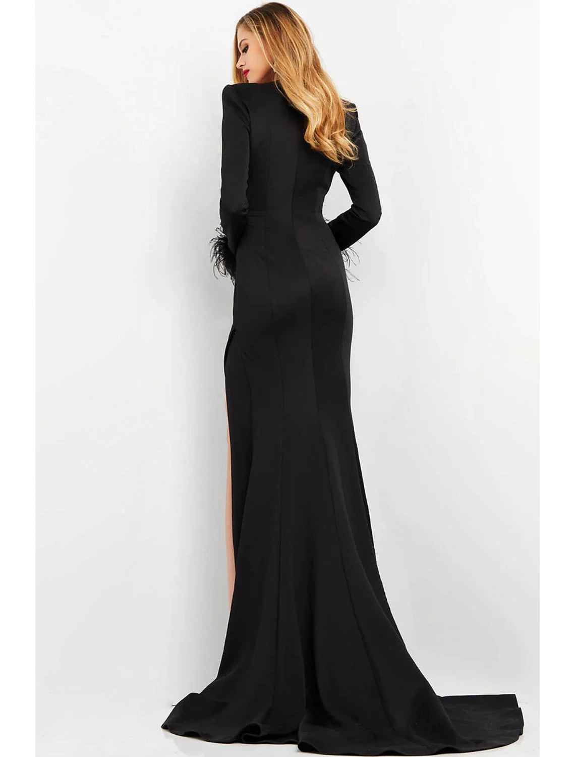 Mermaid / Trumpet Prom Dresses Maxi Dress Formal Sweep / Brush Train Long Sleeve V Neck with Feather Slit Pure Color