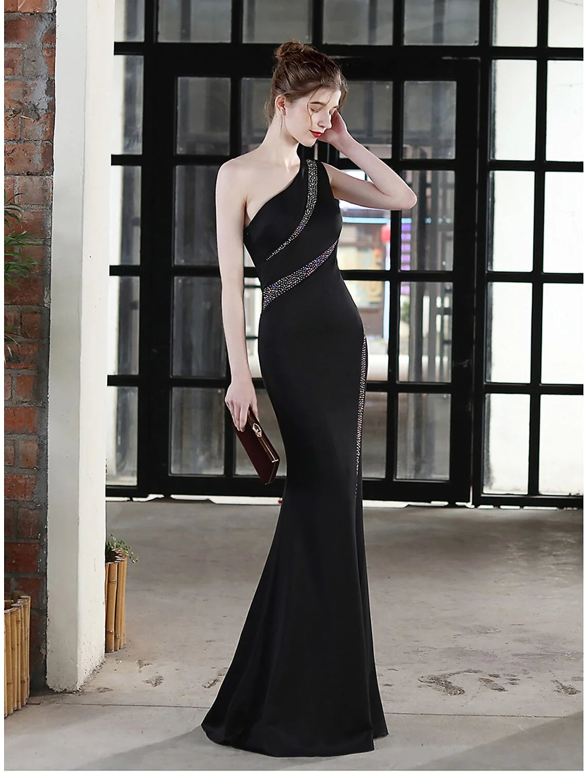 Mermaid / Trumpet Evening Gown Sexy Dress Wedding Guest Floor Length Sleeveless One Shoulder Satin with Crystals