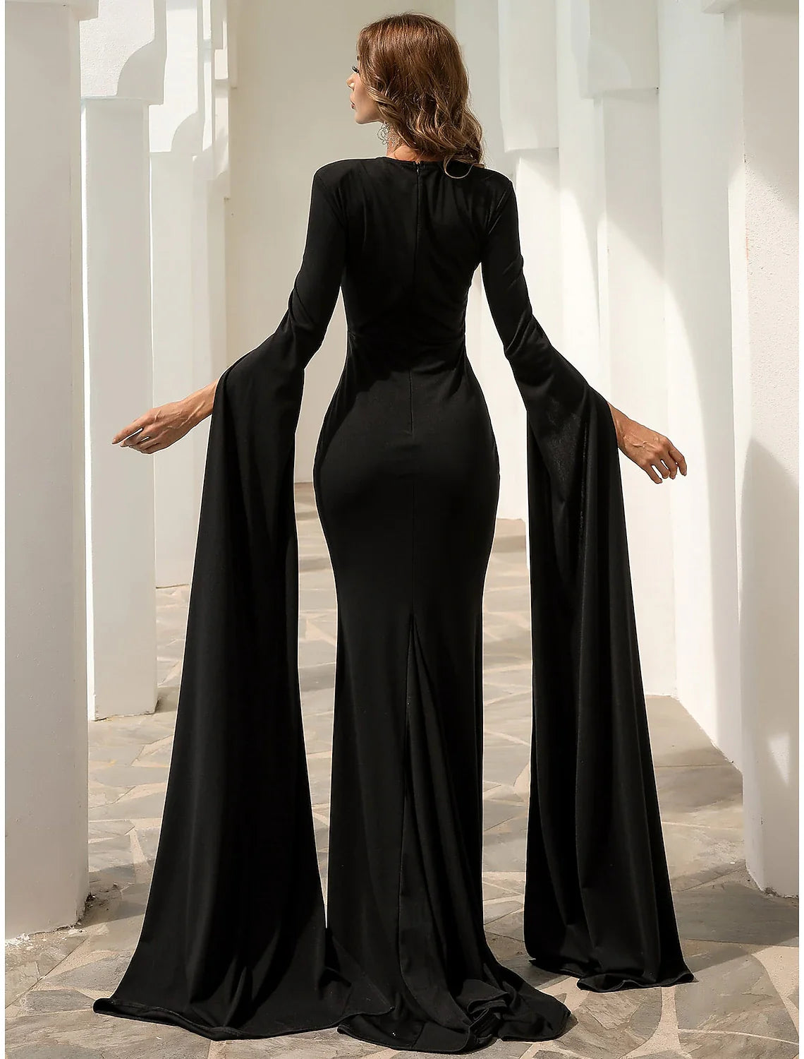 Evening Gown Elegant Dress Formal Fall Court Train Long Sleeve Jewel Neck Stretch Fabric with Pleats