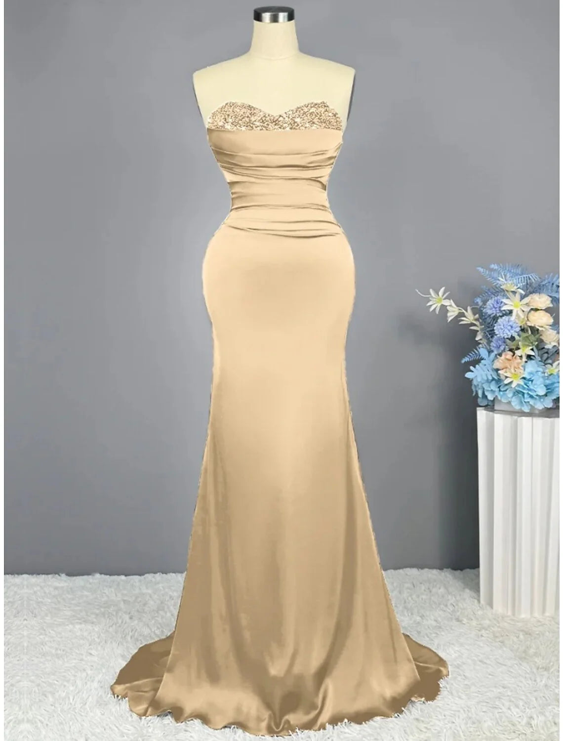 Evening Gown Elegant Dress Formal Sweep / Brush Train Christmas Red Green Dress Sleeveless Sweetheart Imitation Silk with Pleats Ruched Sequin