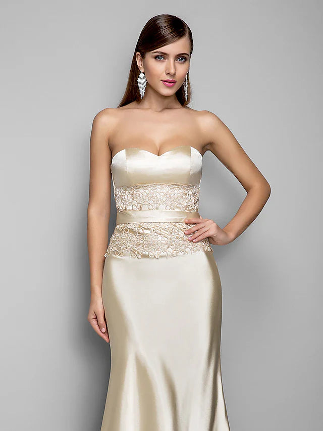 Evening Gown Open Back Dress Wedding Guest Floor Length Sleeveless Sweetheart Stretch Satin with Appliques