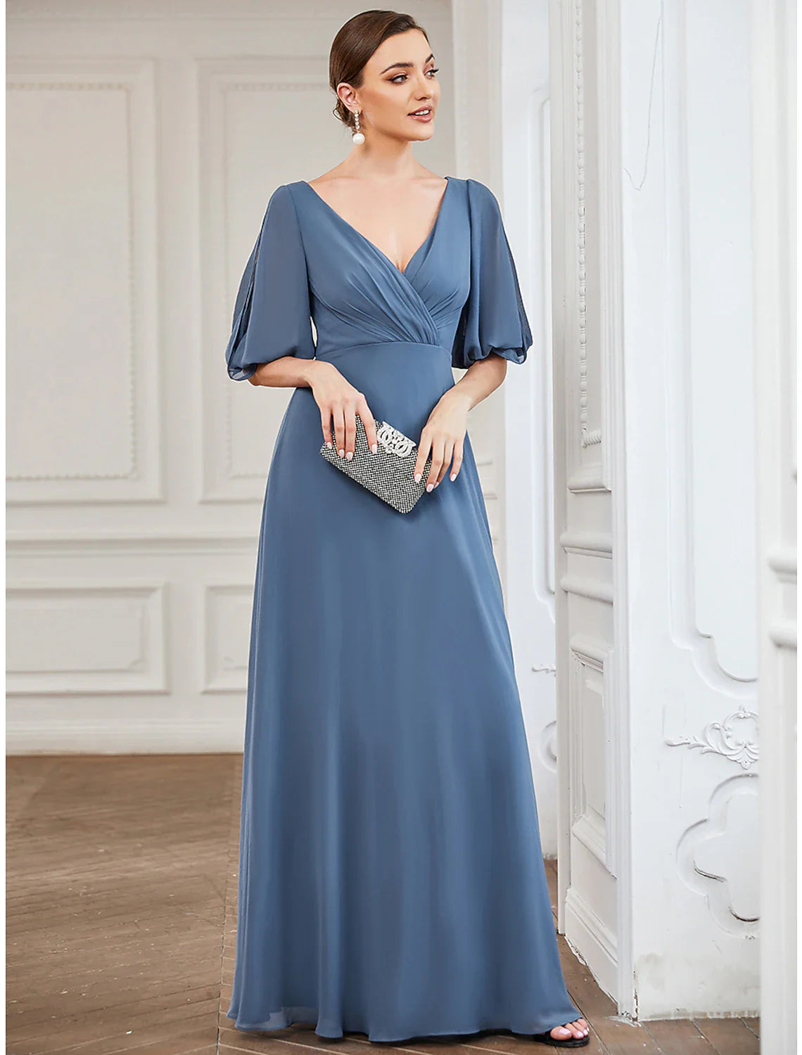 Evening Gown Minimalist Dress Wedding Guest Prom Floor Length Half Sleeve V Neck Chiffon with Pleats