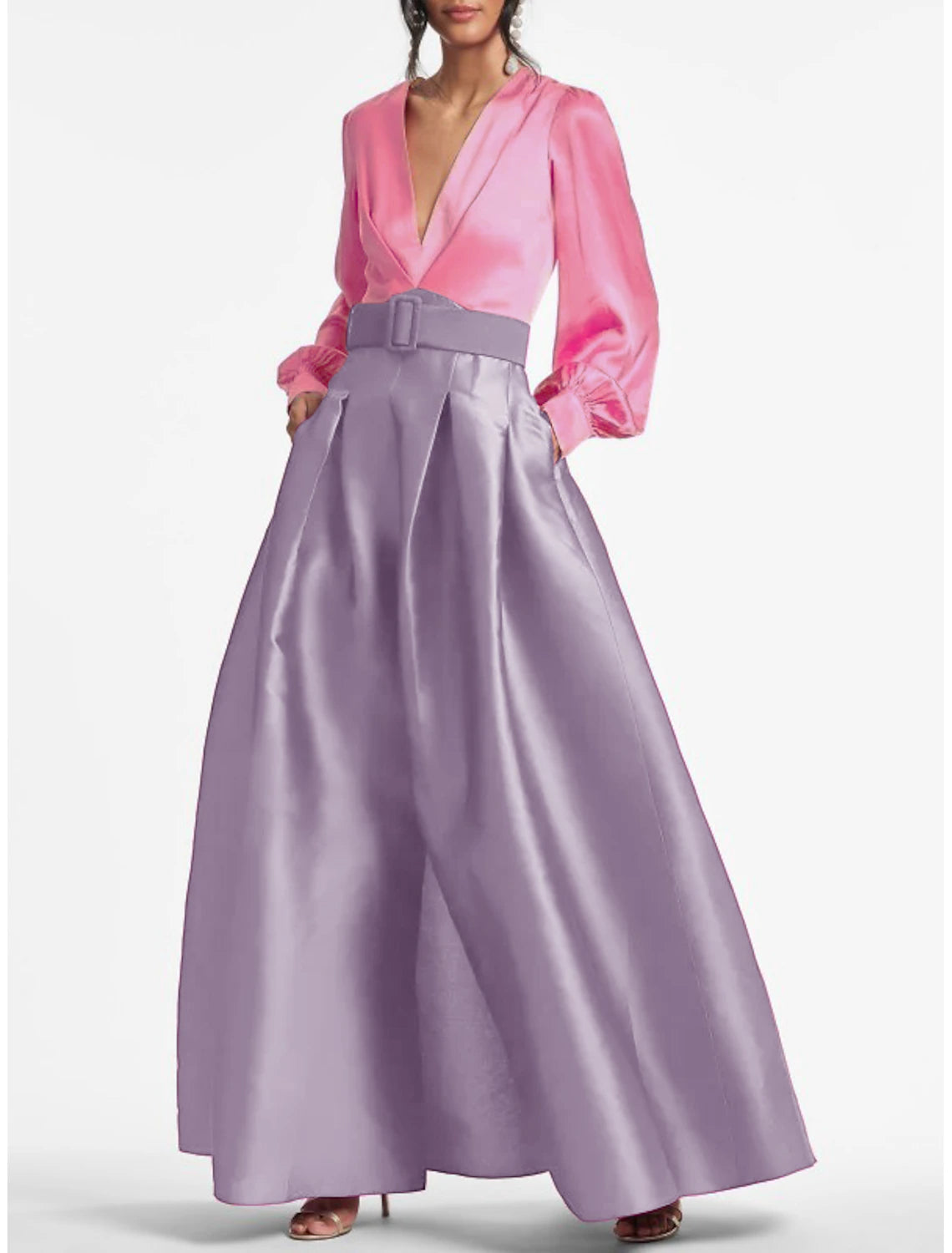 A-Line Evening Gown Party Dress Elegant Dress Formal Wedding Guest Floor Length Short Sleeve V Neck Belt / Sash Satin