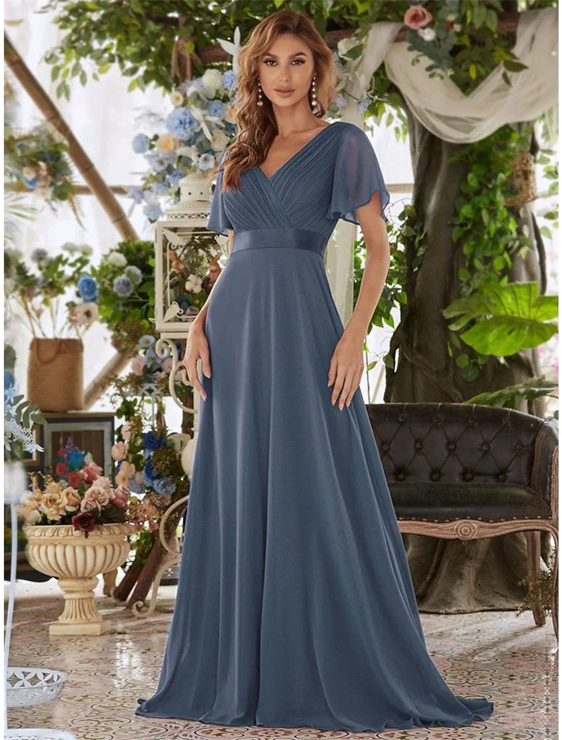 Evening Gown Party Dress Empire Dress Wedding Guest Formal Evening Floor Length Short Sleeve V Neck Bridesmaid Dress Chiffon V Back with Ruffles Pure Color