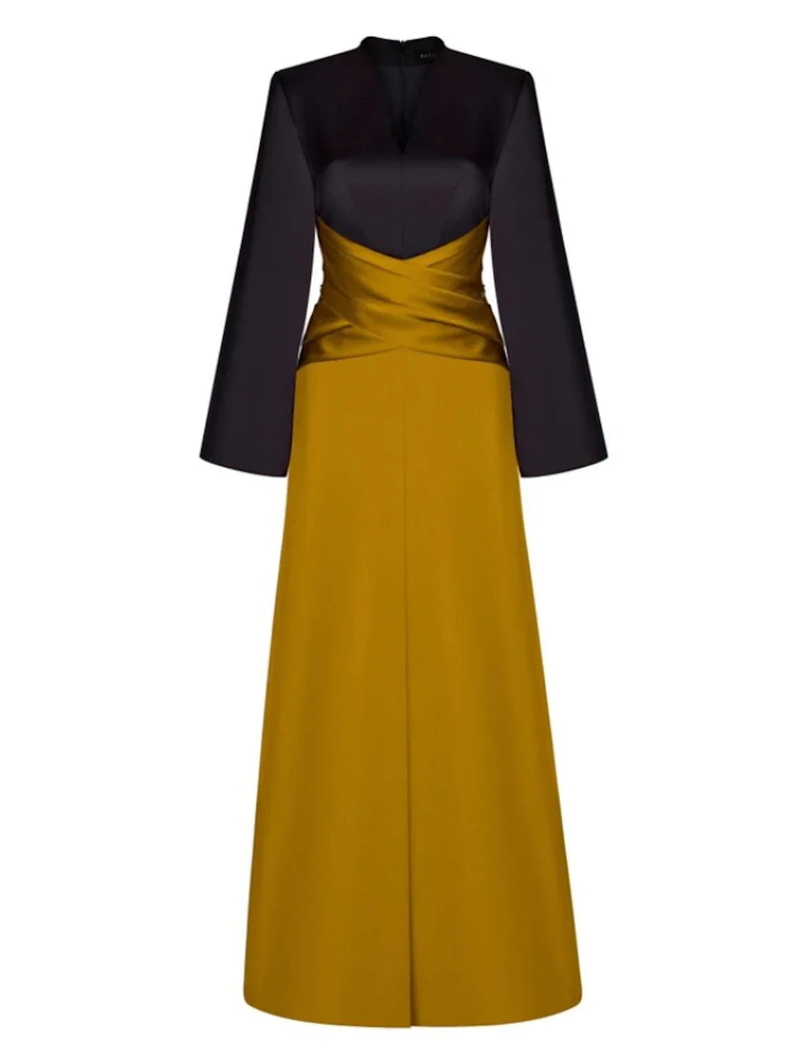 Evening Gown Elegant Dress Formal Floor Length Long Sleeve V Neck Satin with Pleats Ruched Slit