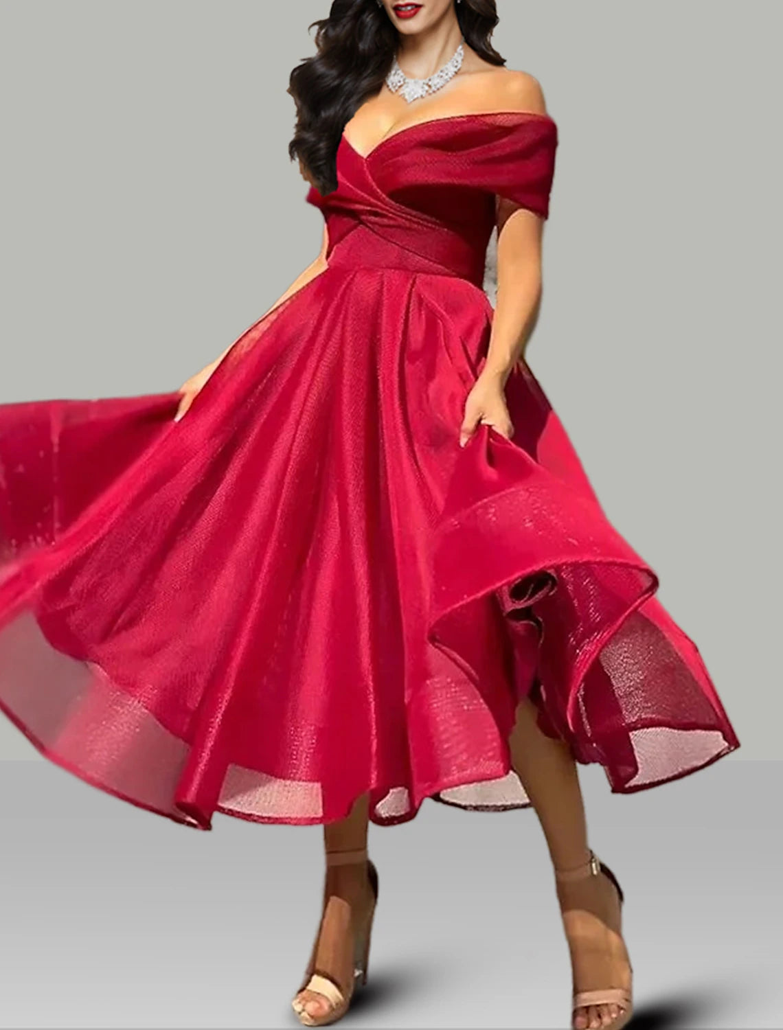 A-Line Prom Dresses Vintage Dress Wedding Guest Summer Tea Length Sleeveless Off Shoulder Organza Backless