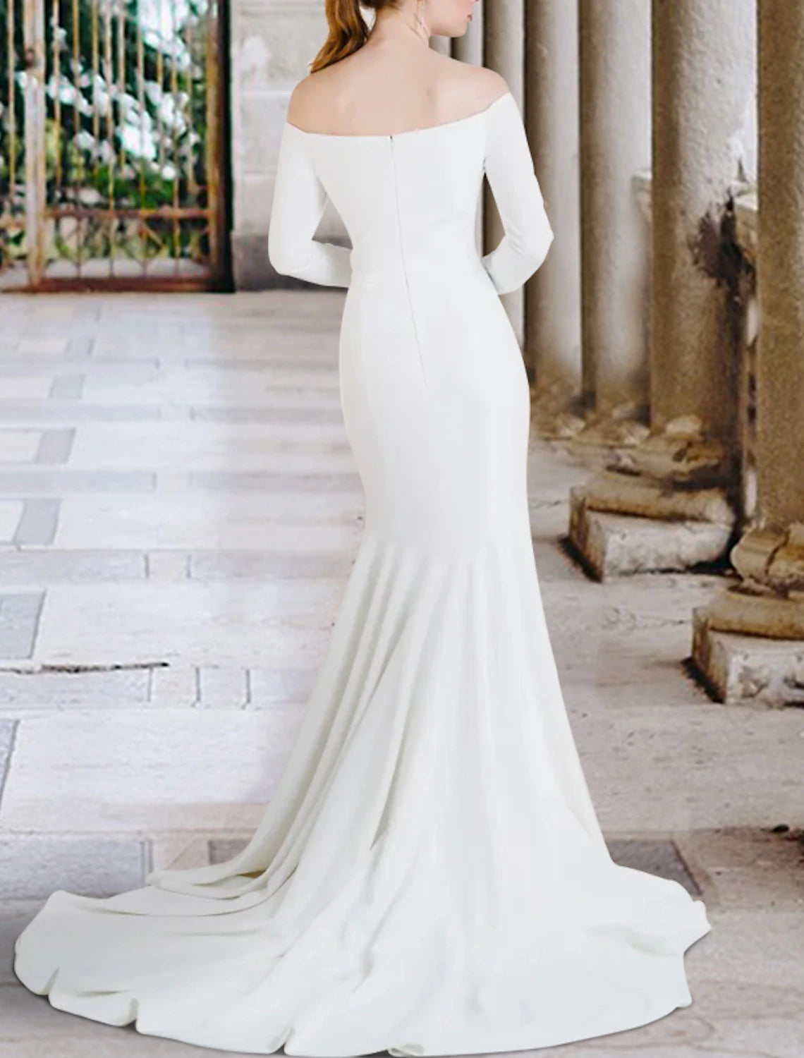 Hall Simple Wedding Dresses Mermaid / Trumpet Off Shoulder Long Sleeve Court Train Stretch Fabric Bridal Gowns