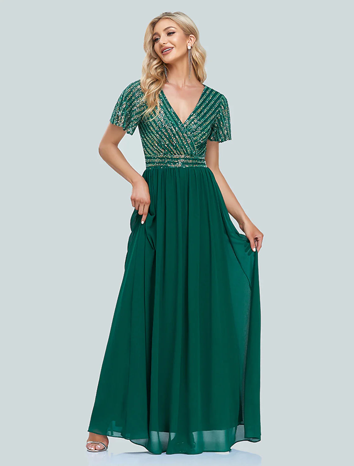 Evening Gown Elegant Dress Christmas Floor Length Short Sleeve V Neck Sequined with Sequin