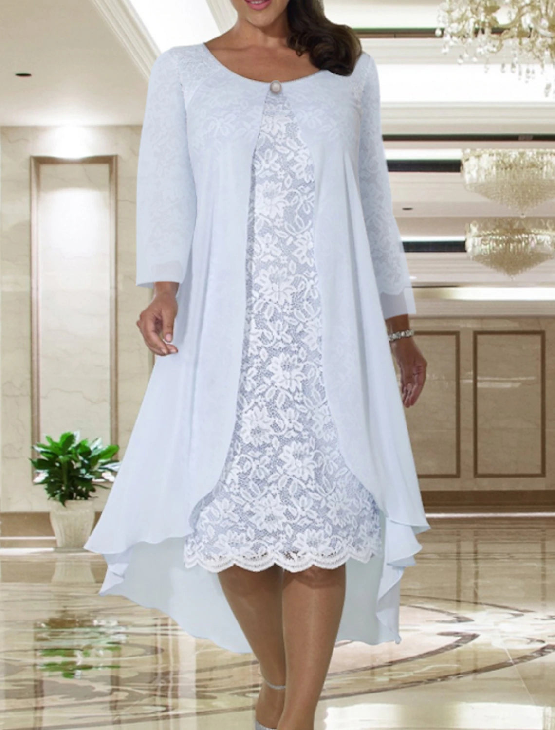 Two Piece A-Line Mother of the Bride Dress Wedding Guest Elegant Plus Size Jewel Neck Tea Length Chiffon Lace Short Sleeve Jacket Dresses