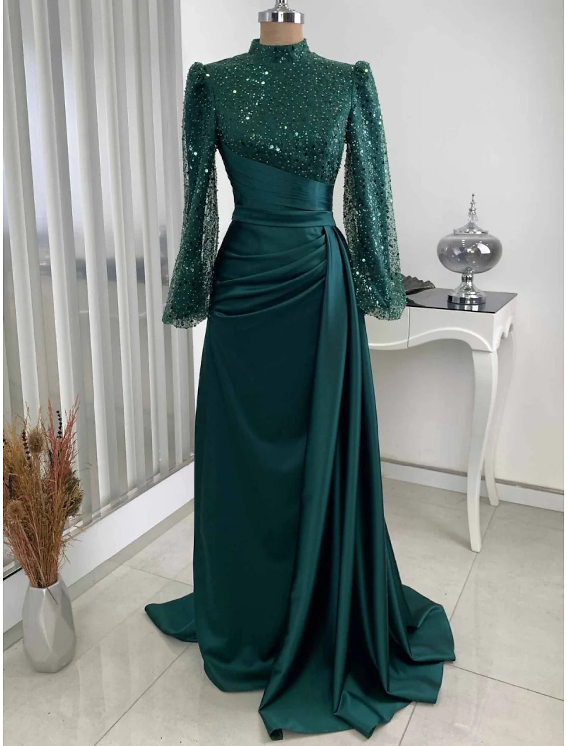 Evening Gown Champagne Christmas Elegant Dress Formal Sweep / Brush Train Long Sleeve High Neck Satin with Glitter Pleats Ruched