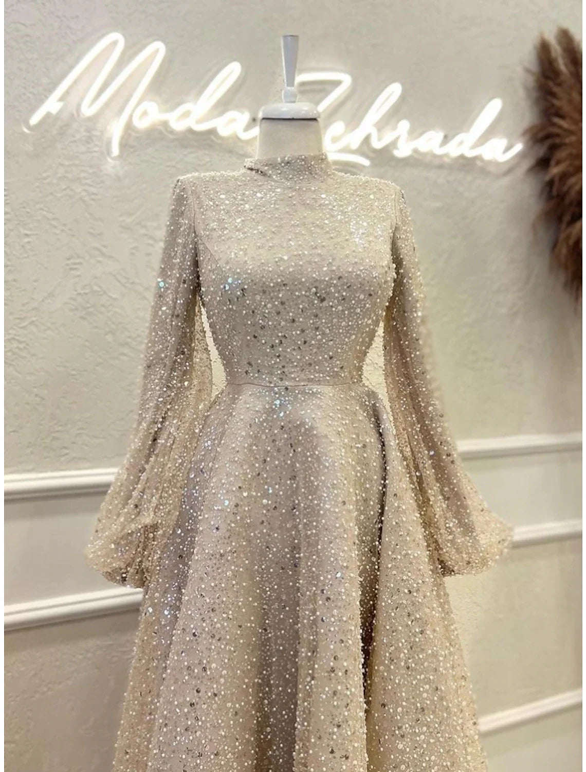 Evening Gown Elegant Dress Formal Ankle Length Long Sleeve High Neck Sequined with Glitter Pleats