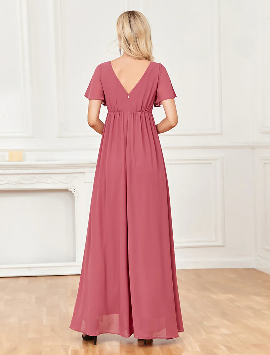 Evening Gown Empire Dress Party Wear Floor Length Short Sleeve V Neck Chiffon V Back with Slit