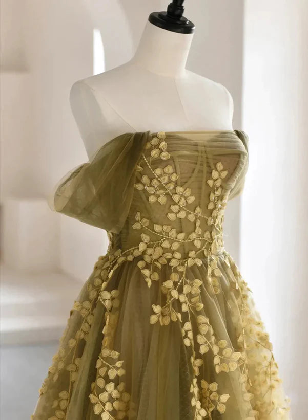 A-line Tulle with Lace Off Shoulder Prom Dress