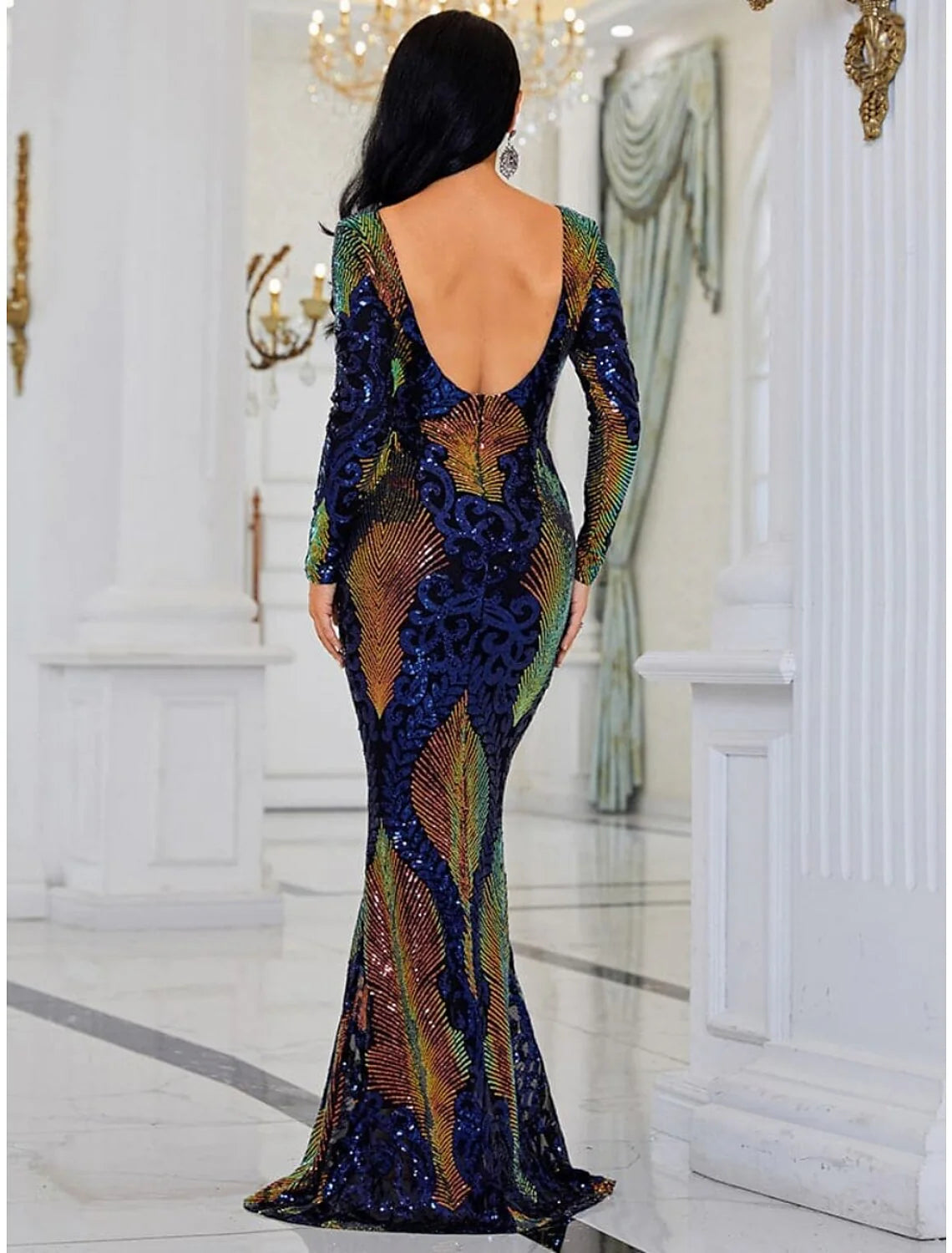 Evening Gown Elegant Dress Formal Sweep / Brush Train Long Sleeve Scoop Neck Sequined with Glitter Pleats